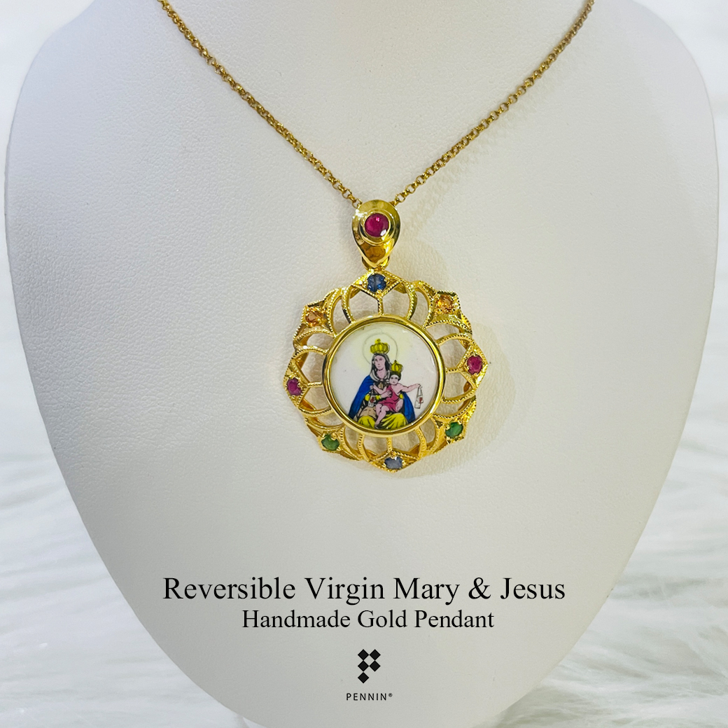 จี้แม่พระกรอบทองกระเบื้องเคลือบอิตาลี แม่พระนิจจานุเคราะห์/พระเยซู ประดับพลอย ทอง 90