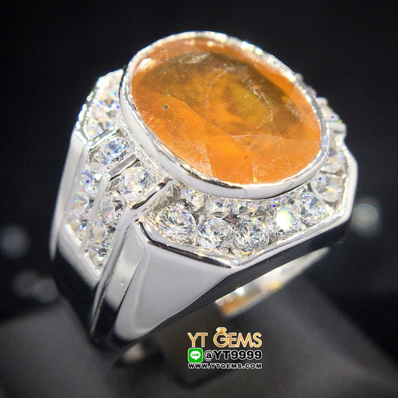 แหวนบุษราคัม สีน้ำโขง แหวนล้อมเพชร แหวนเงินแท้ 92.5% ชุบทองคำขาว ประดับ พลอยบุษราคัมแท้ ตกแต่ง เพชรSwiss YTG-9806 YTGEMS
