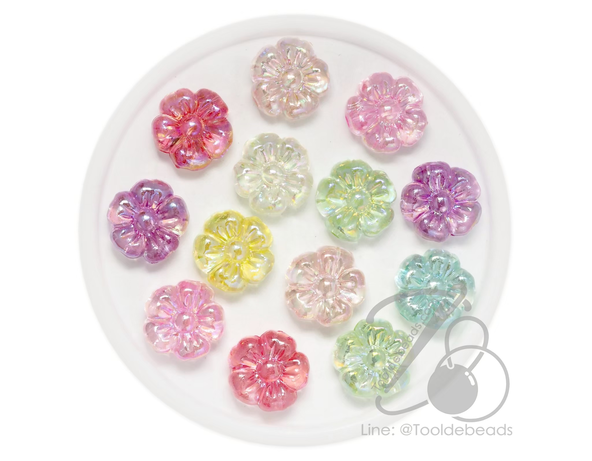 ลูกปัดพลาสติก เคลือบรุ้งAB 19มม. ลายดอกไม้ คละสีรุ้งใส (10 กรัม) SKU-18006