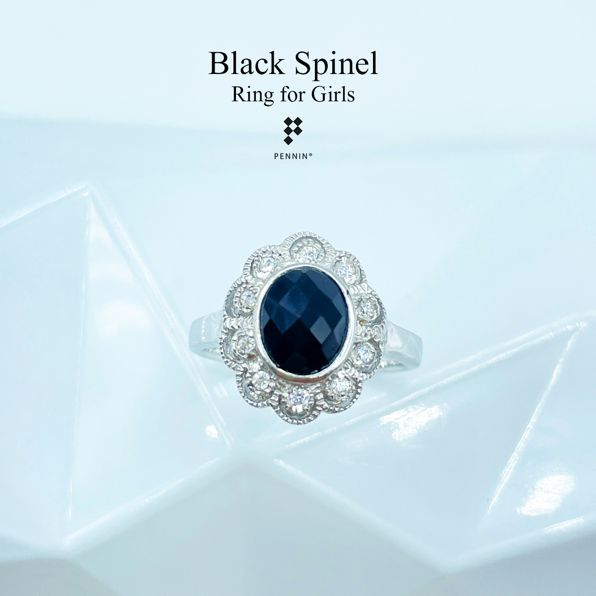 แหวนนิล (Black Spinel Ring) ล้อมเพชรสวิส CZ รูปดอกไม้ นิล 8x6mm เจียระไนตาข่าย สวย ดึงดูดโชคลาภ