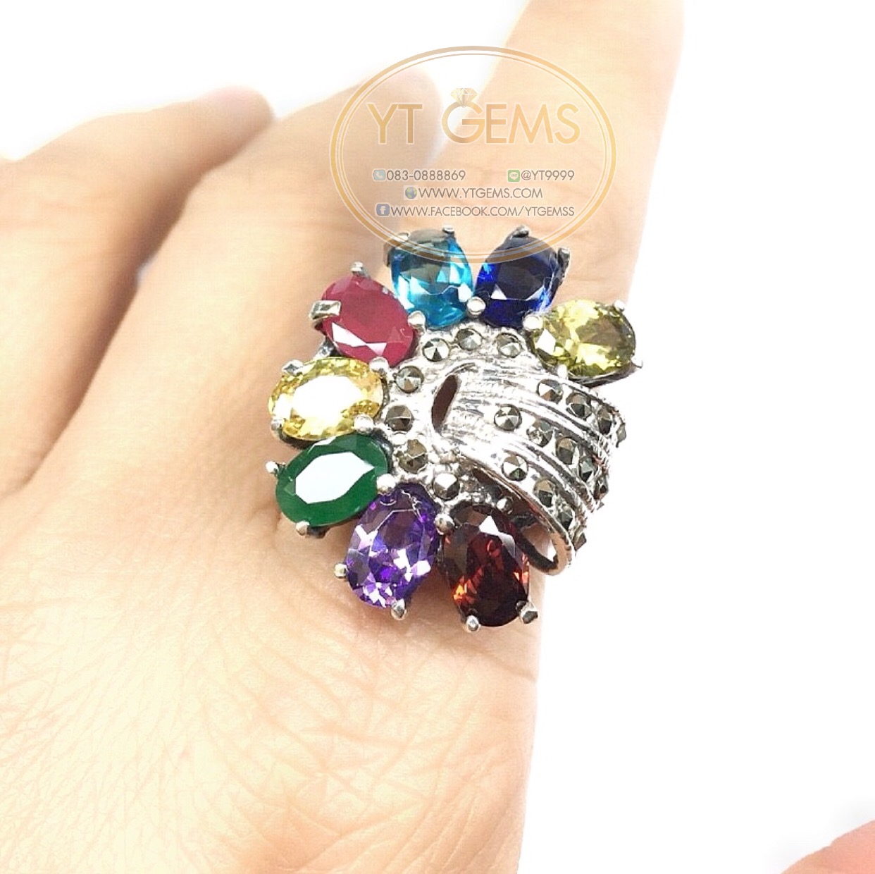 แหวนนพเก้า แหวนเงินแท้ รมดำ พลอยหลากสี(cz) YTG-4482 YTGEMS