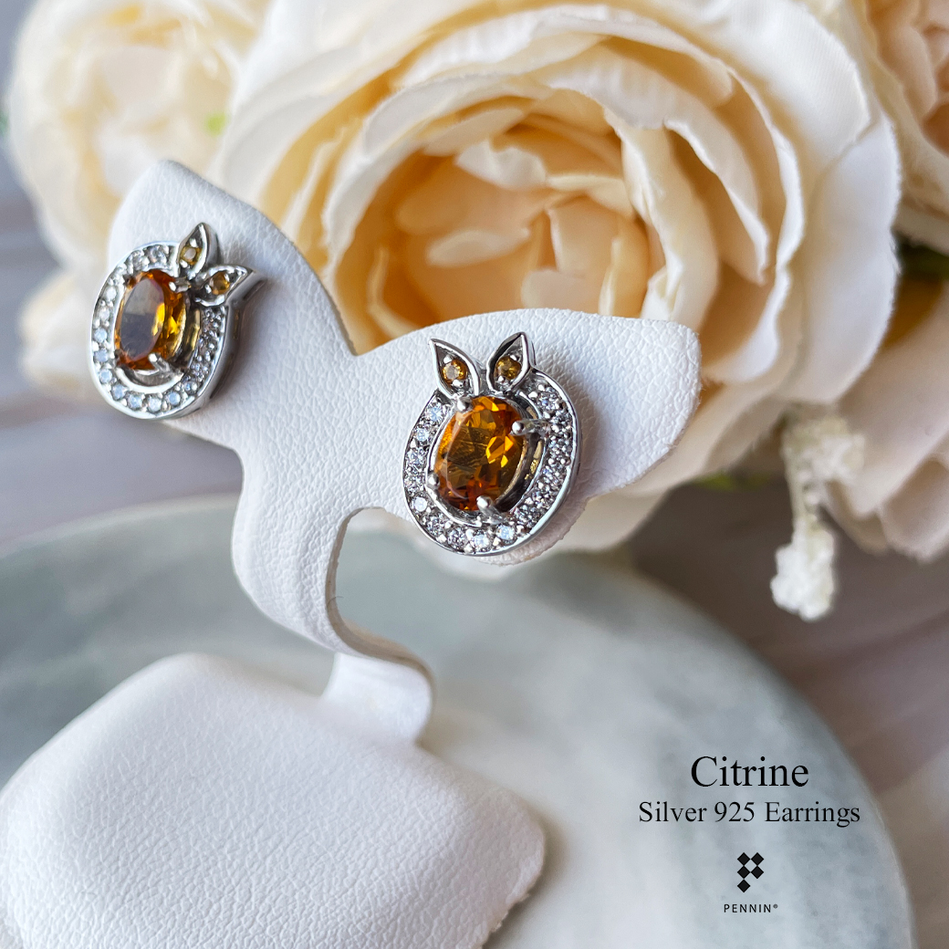 ต่างหูซิทริน Citrine 7x5mm ผูกโบว์ ประดับพลอยซิทริน ล้อมเพชรสวิส CZ เกรด TOP 6A เงินแท้ชุบทองคำขาว แบบสวยน่ารัก