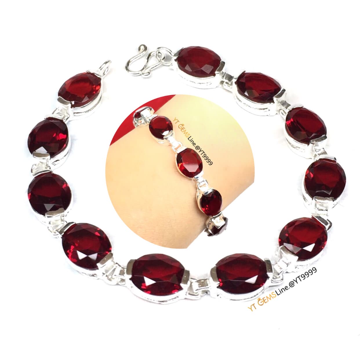 สร้อยข้อมือทับทิม สีเลือดนก สร้อยข้อมือเงินแท้ พลอยทับทิม (CZ) YTG-11185 YTGEMS