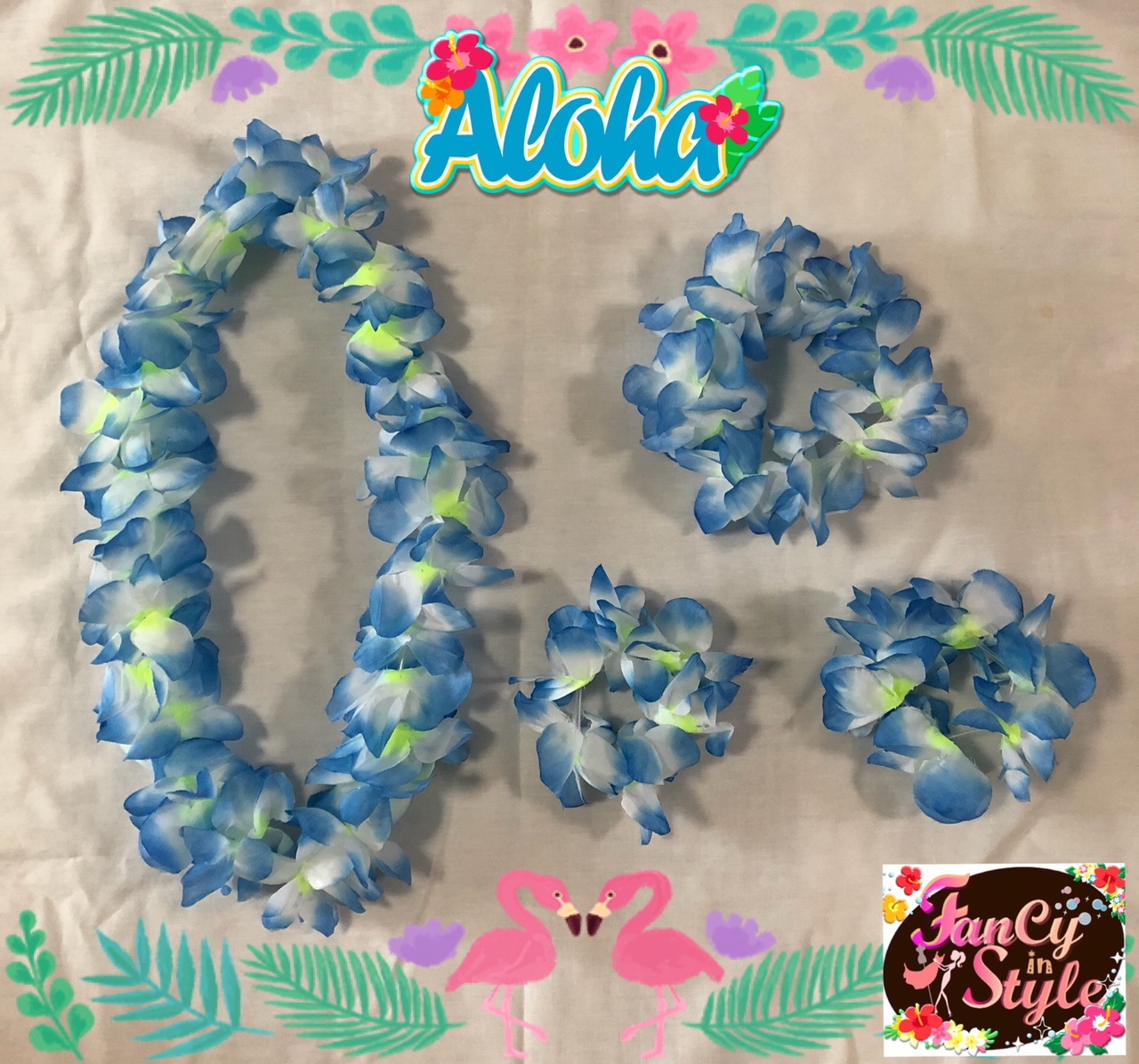 Hawaii Flowers set/SET มาลัยดอกไม้สวมคอ ข้อมือ ที่สวมศีรษะสีฟ้า