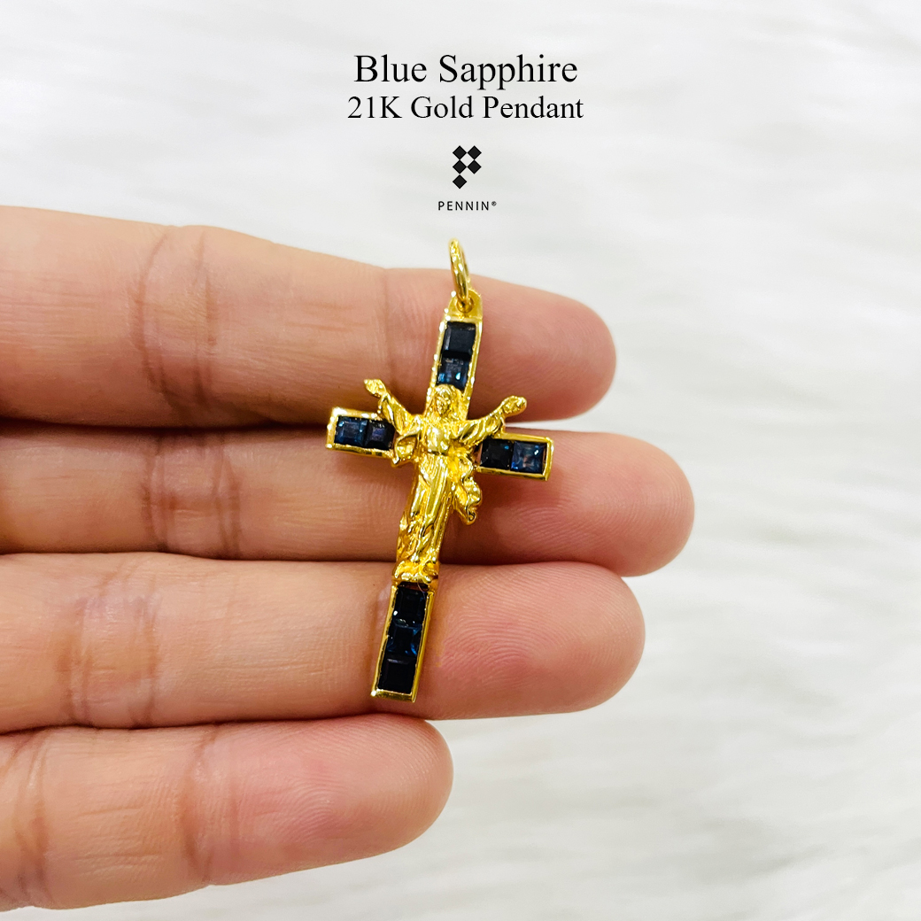 จี้กางเขนทองคำแท้ พระเยซูเสด็จขึ้นสวรรค์ ทอง 90 ไพลินแท้ งานขึ้นมือช่างทองจันทบุรี