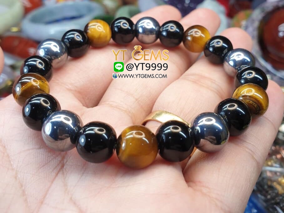 สร้อยข้อมือหินมงคล3ประสาน หินตาเสือแท้ นิลแท้ แร่เทราเฮิร์ตแท้ 10mm YTG-7899 YTGEMS
