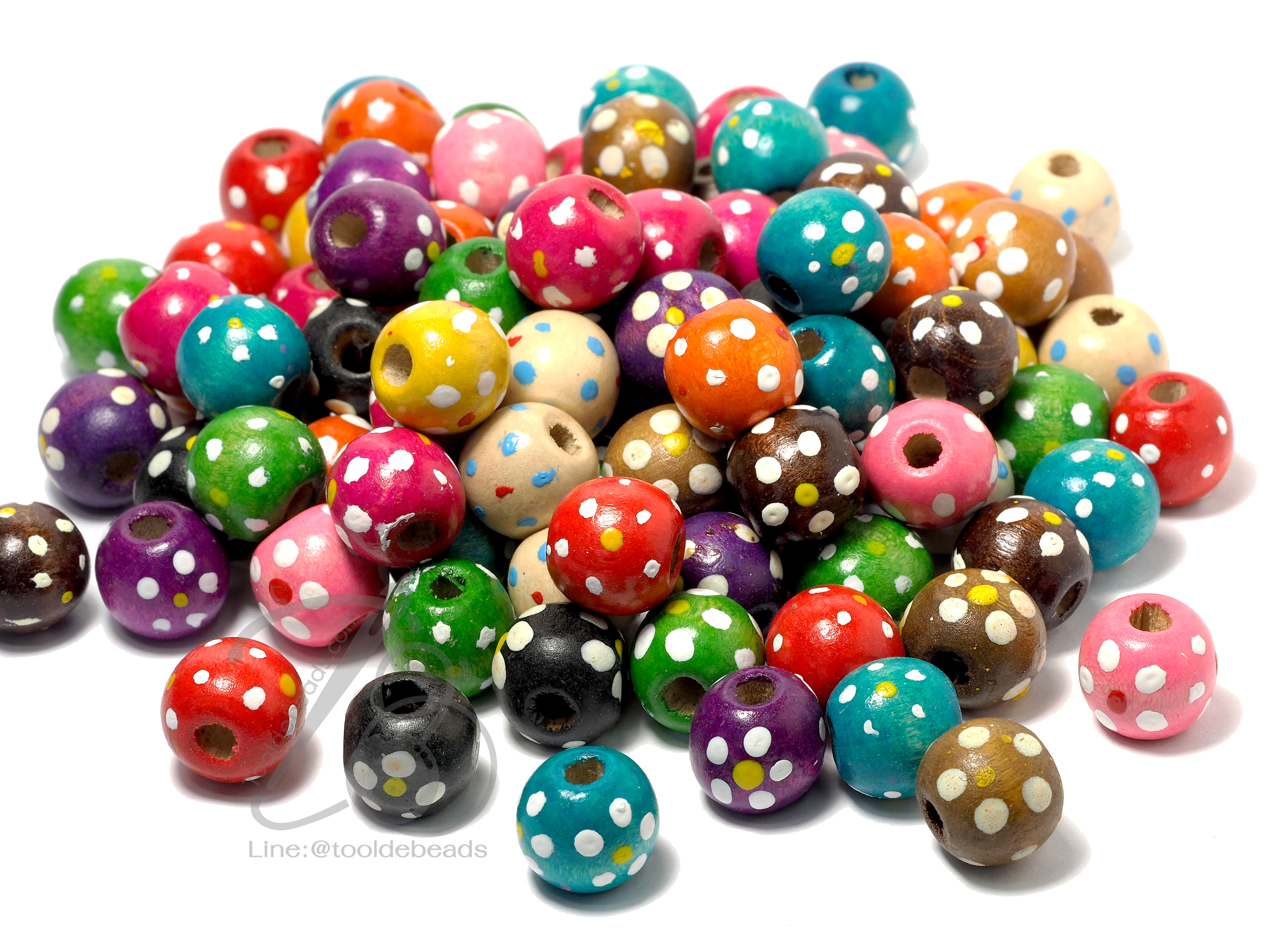 ลูกปัดไม้ 12มม. ลายจุดดอกไม้ คละสี (10 กรัม) SKU-03686