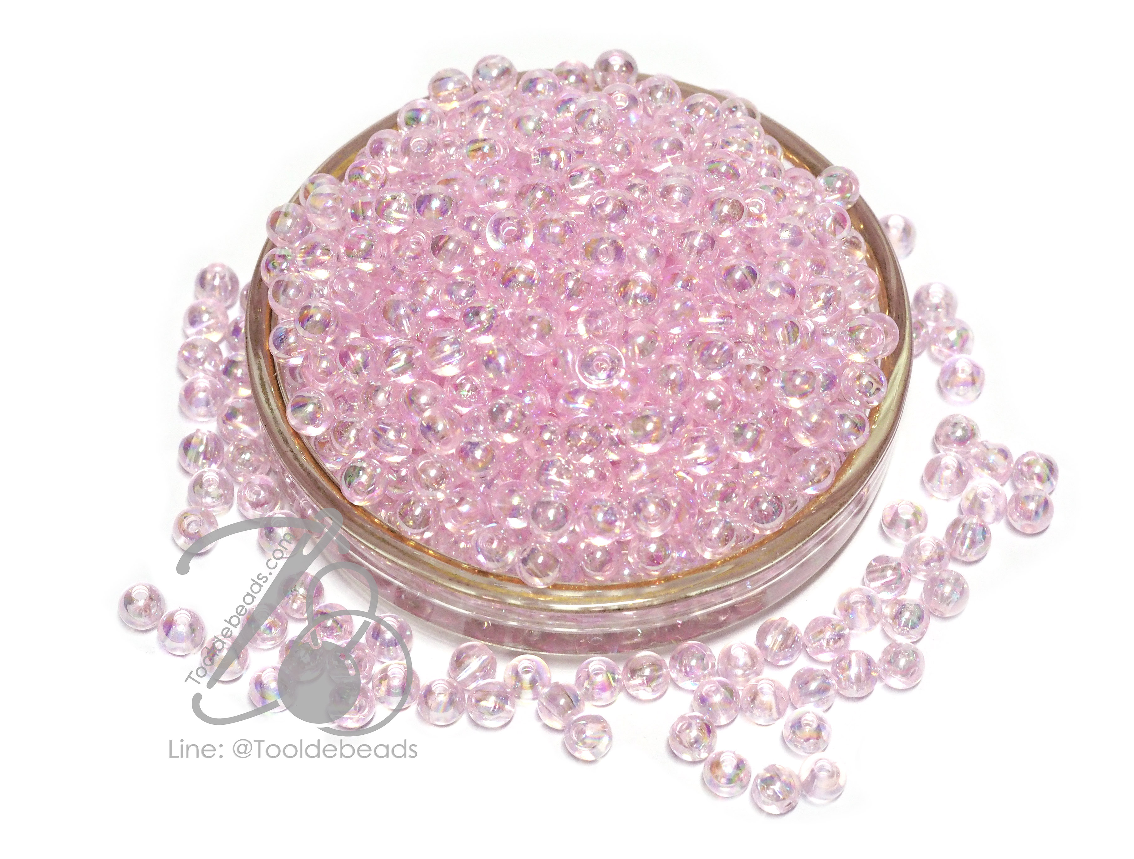 ลูกปัดพลาสติก เคลือบรุ้ง 6มม. สีชมพูรุ้งใส (50 กรัม) SKU-14502