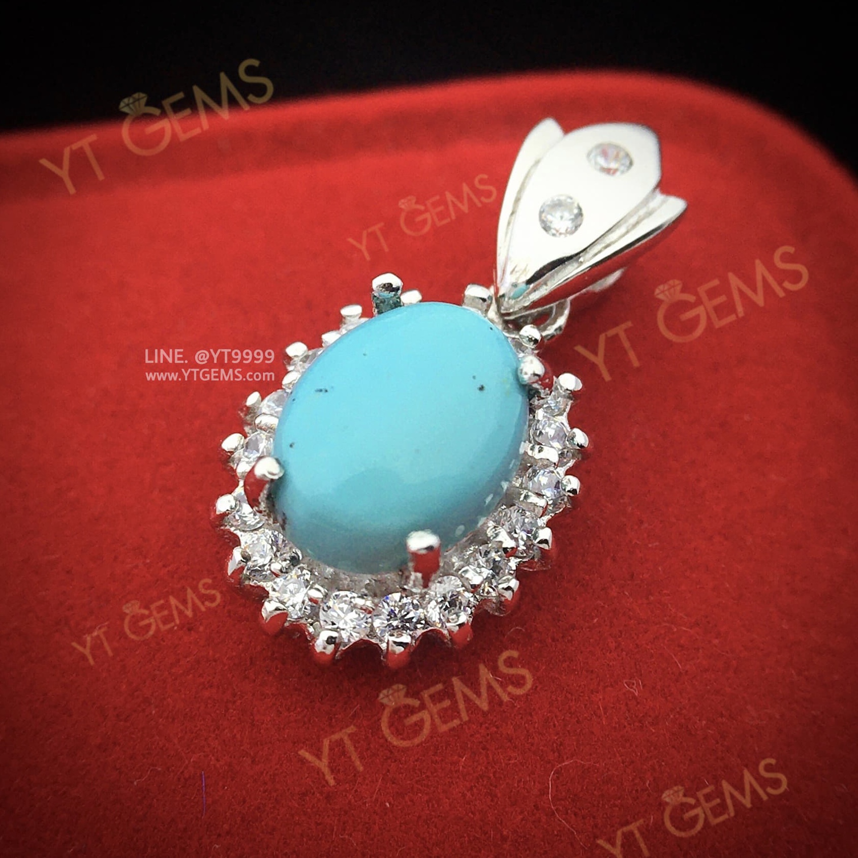 จี้เทอร์ควอยส์ ล้อมเพชร จี้เงินแท้ ชุบทองคำขาว เทอร์ควอยส์แท้ YTG-11667 YTGEMS
