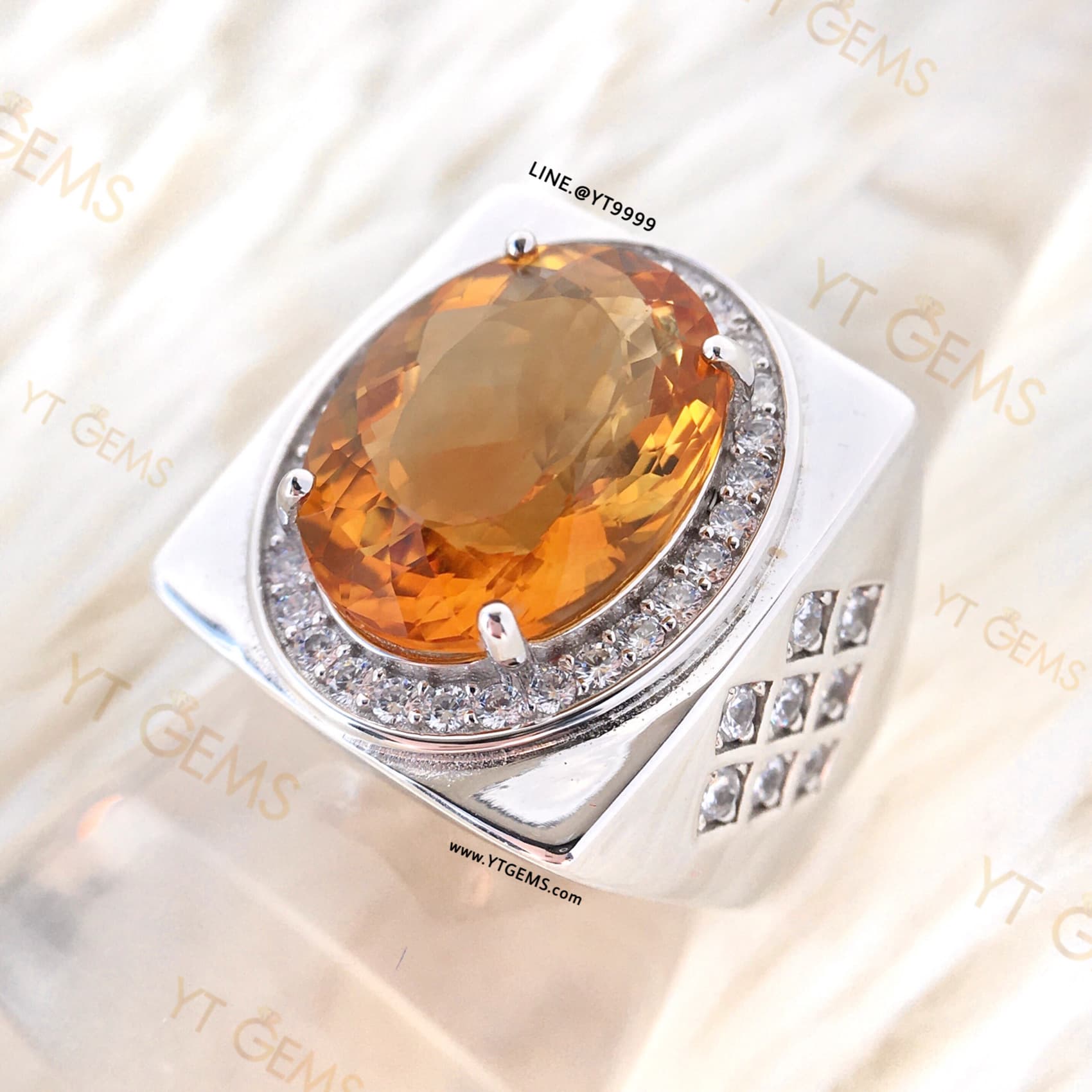 แหวนซิทรินสีส้ม ล้อมเพชร แหวนเงินแท้ ชุบทองคำขาว พลอยซิทรินแท้ YTG-11567 YTGEMS