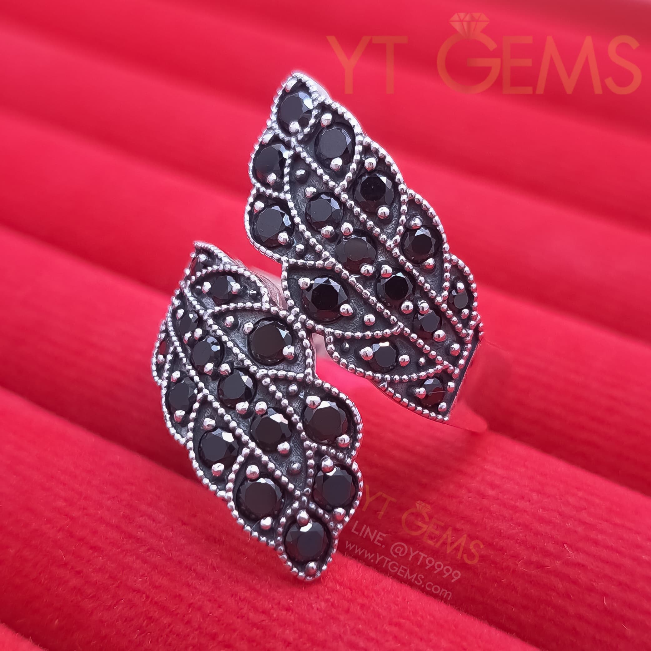 แหวนใบมะกอก แหวน เงินแท้ รมดำ พลอย นิล cz YTG-10032 YTGEMS whole
