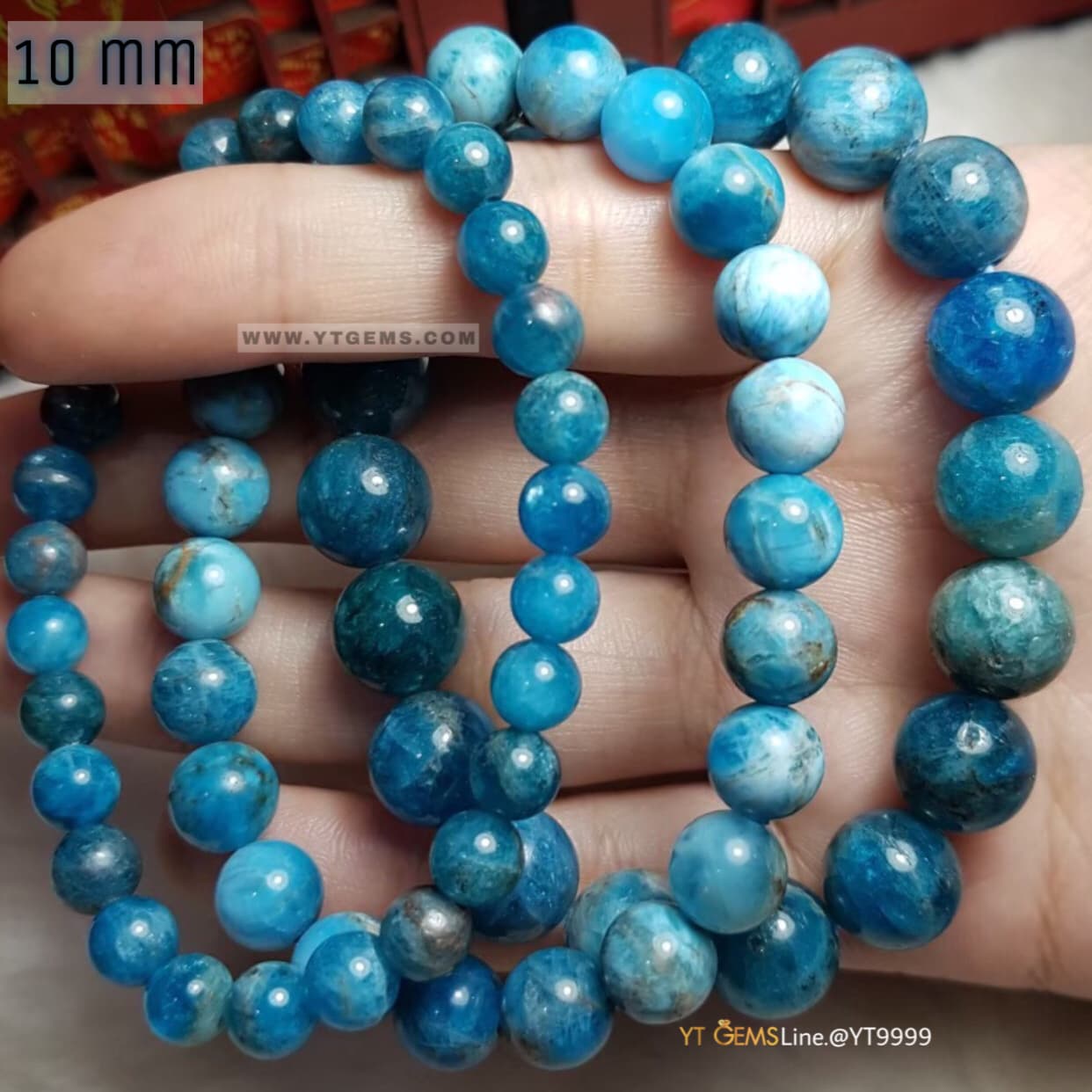 สร้อยข้อมือบลูอพาไทต์ (Blue Apatite) หินแท้ 10 มม. YTG-11213 YTGEMS