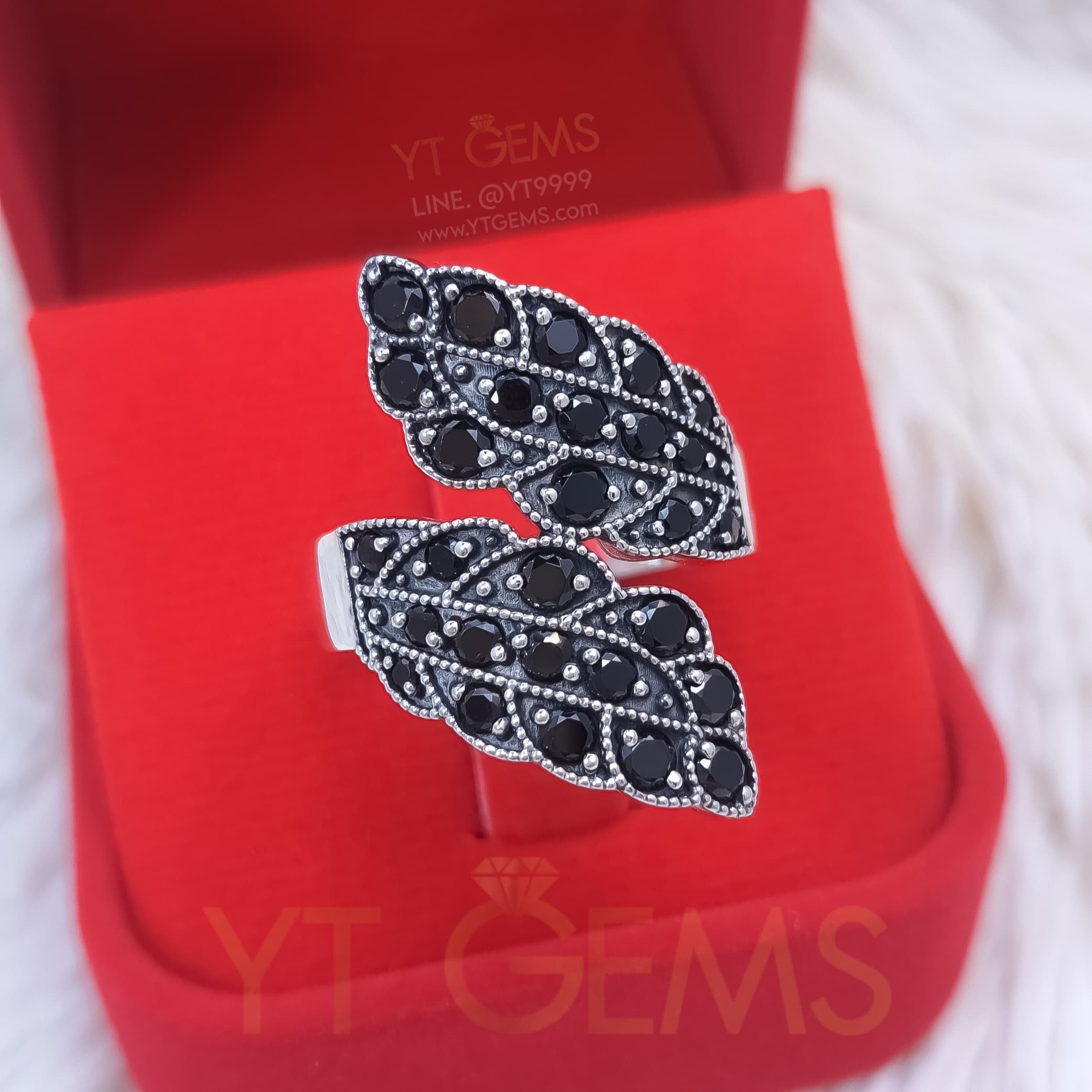 [สำหรับ ราคาส่ง ขั้นต่ำ 5 ชิ้น] แหวนใบมะกอก แหวน เงินแท้ รมดำ พลอย นิล cz YTG-10032-WH YTGEMS 5 ชิ้น