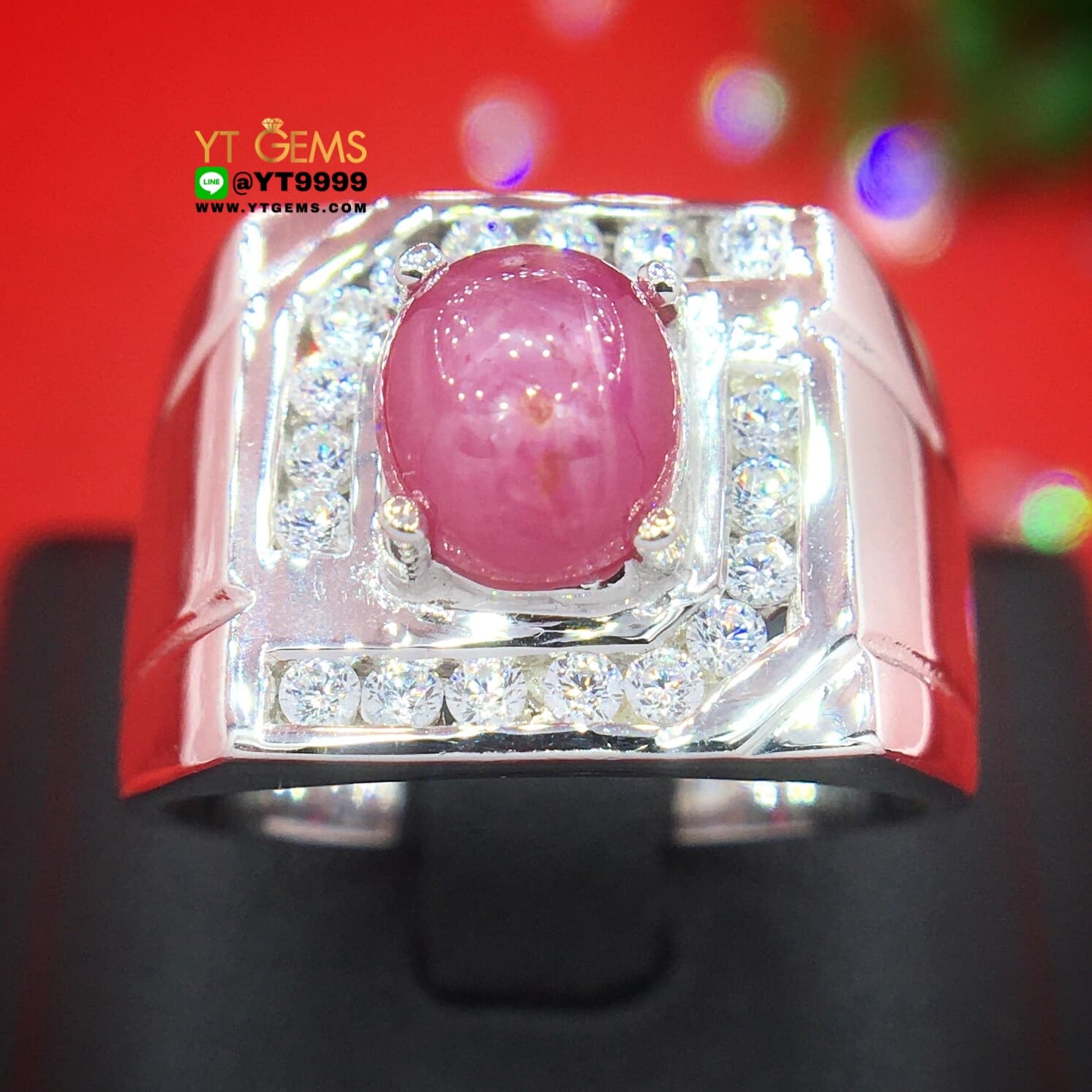 แหวนทับทิมกินบ่เซี่ยง ทับทิมสตาร์ ล้อมเพชร แหวนเงินแท้ 92.5% ชุบทองคำขาว ประดับ พลอยทับทิมกินบ่เซี่ยงแท้ (มีสตาร์ชัด) ตกแต่ง เพชรSwiss หน้าแหวน 1.4 ซม. YTG-10517 YTGEMS