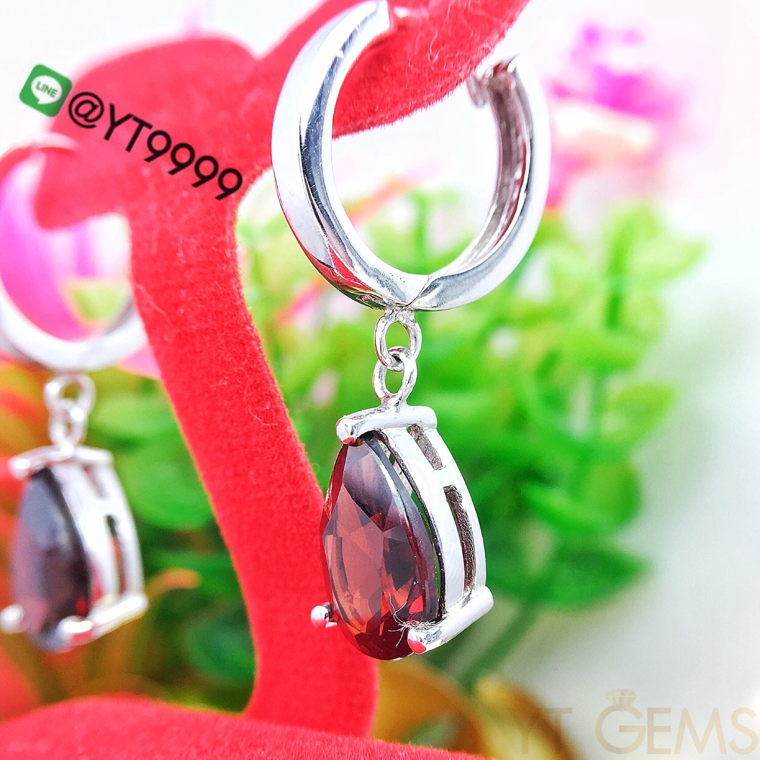 ต่างหูเงินแท้92.5% ชุบทองคำขาว พลอยโกเมน YTG-3222 YTGEMS