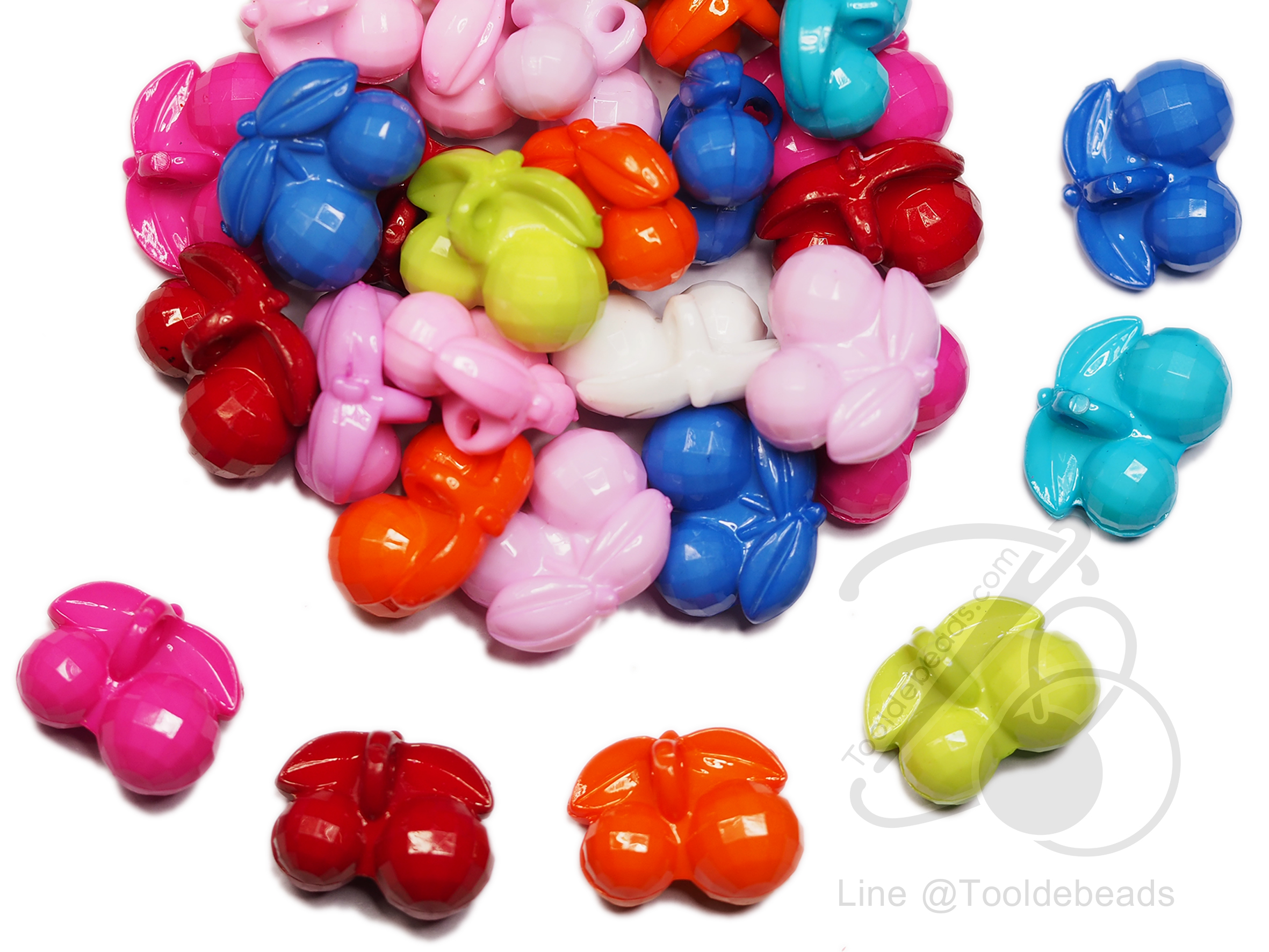 ลูกปัดอะคริลิค 20*16มม. ลายเชอร์รี ร้อยข้าง คละสีสด (100 กรัม) SKU-05161