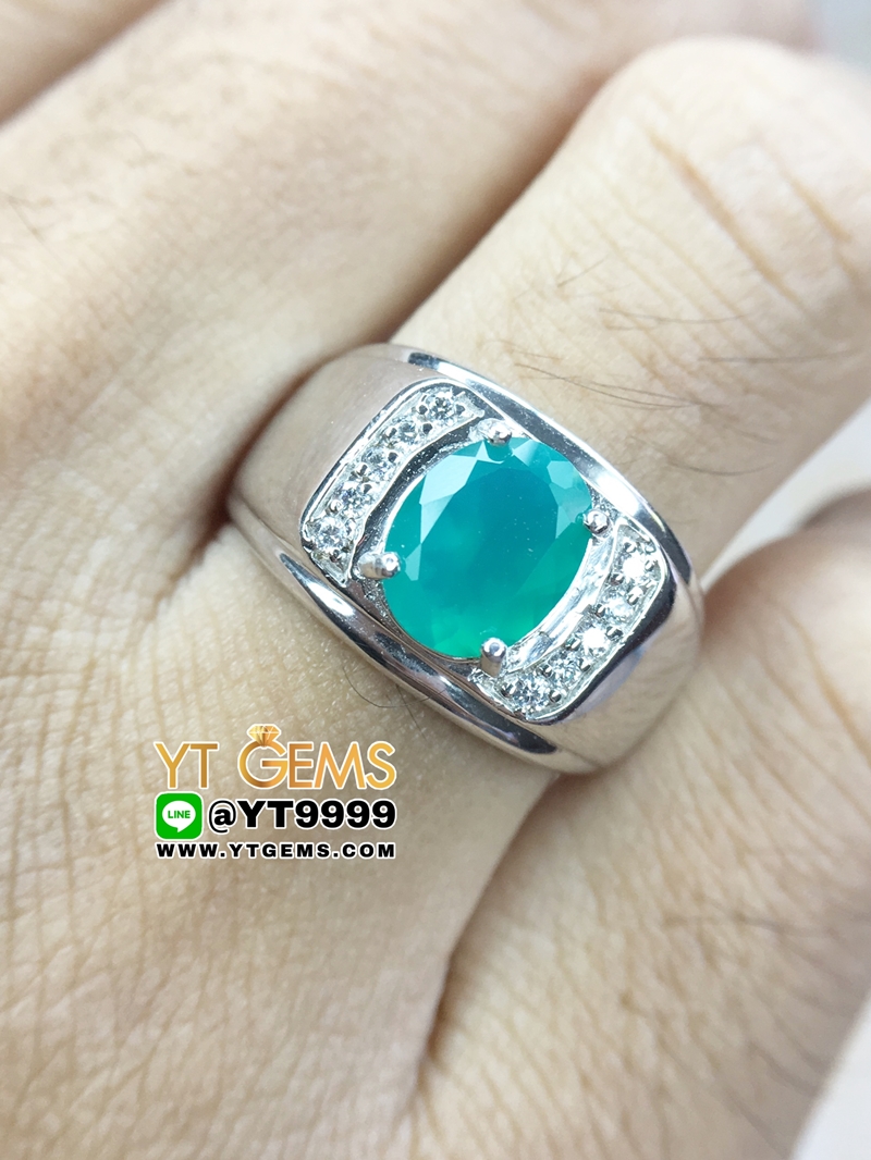 แหวนกรีนอาเกต แหวนเงินแท้ ชุบทองคำขาว พลอยกรีนอาเกตแท้ YTG-8433 YTGEMS