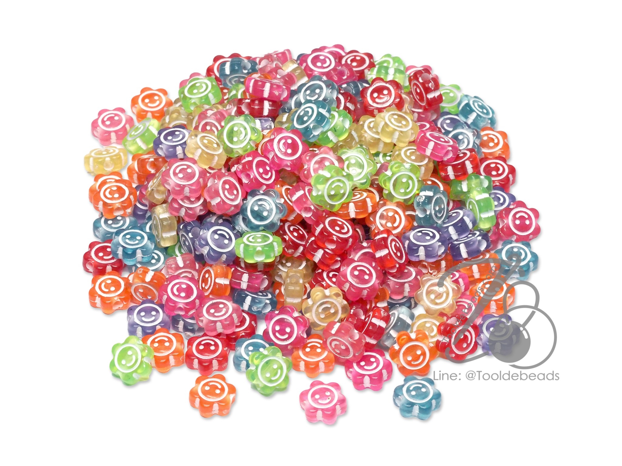 ลูกปัดอะคริลิค 10มม. ลายหน้ายิ้มดอกไม้ คละสี (15 กรัม) SKU-12541