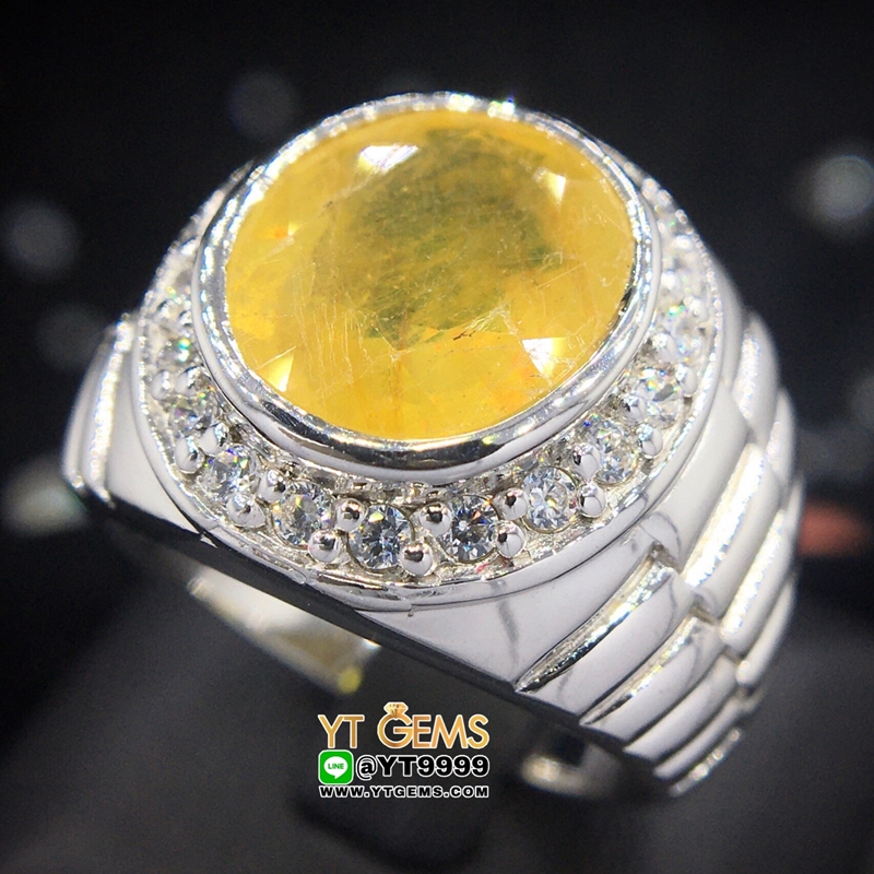 แหวนบุษราคัม แหวนล้อมเพชร แหวนเงินแท้ 92.5% ชุบทองคำขาว ประดับ พลอยบุษราคัมแท้ ตกแต่ง เพชรSwiss YTG-9804 YTGEMS