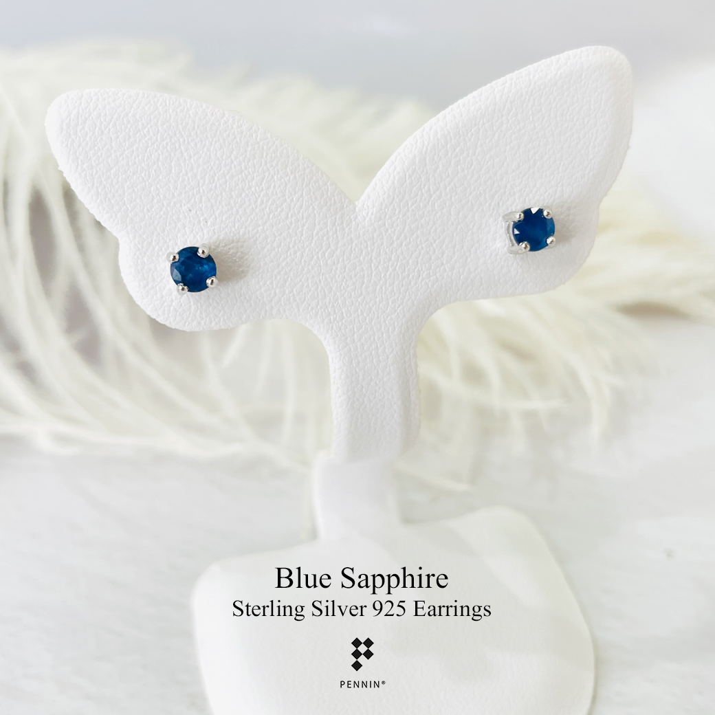 E15820 ต่างหูไพลิน จันทบุรี เผาเก่า กลม 4mm เม็ดเดี่ยว แบบเสียบ ฝังหนามเตย เงินชุบทองคำขาว