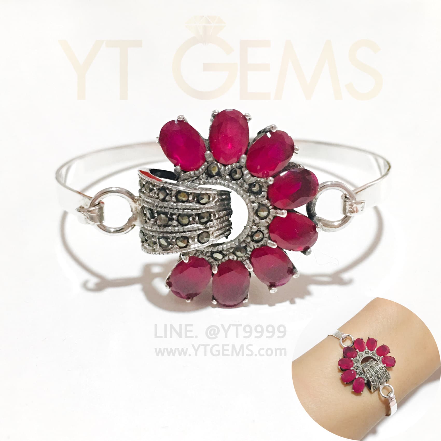 กำไลทับทิม กำไลเงินแท้ รมดำ พลอยทับทิมชาตั้ม YTG-11044 YTGEMS