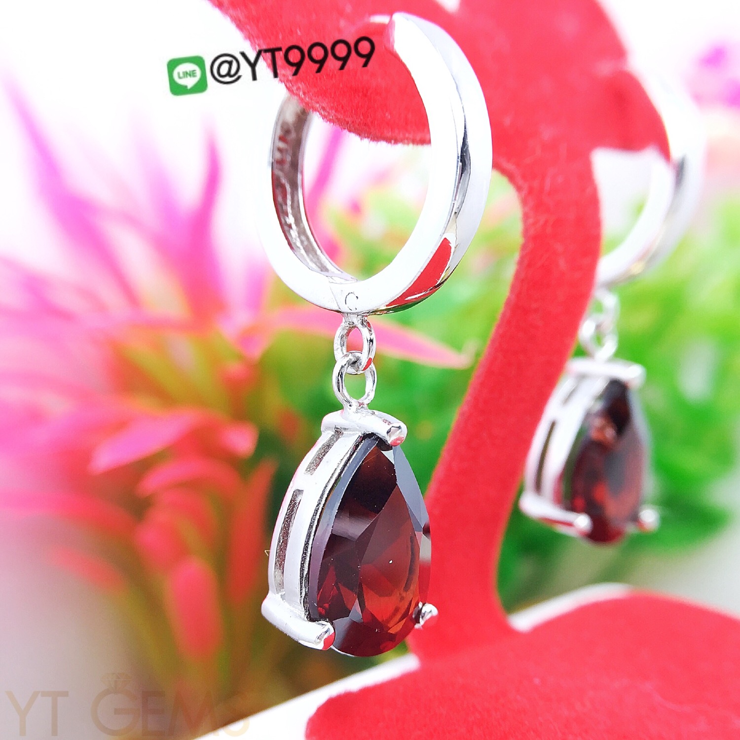 ต่างหูเงินแท้92.5% ชุบทองคำขาว พลอยโกเมน YTG-3222 YTGEMS