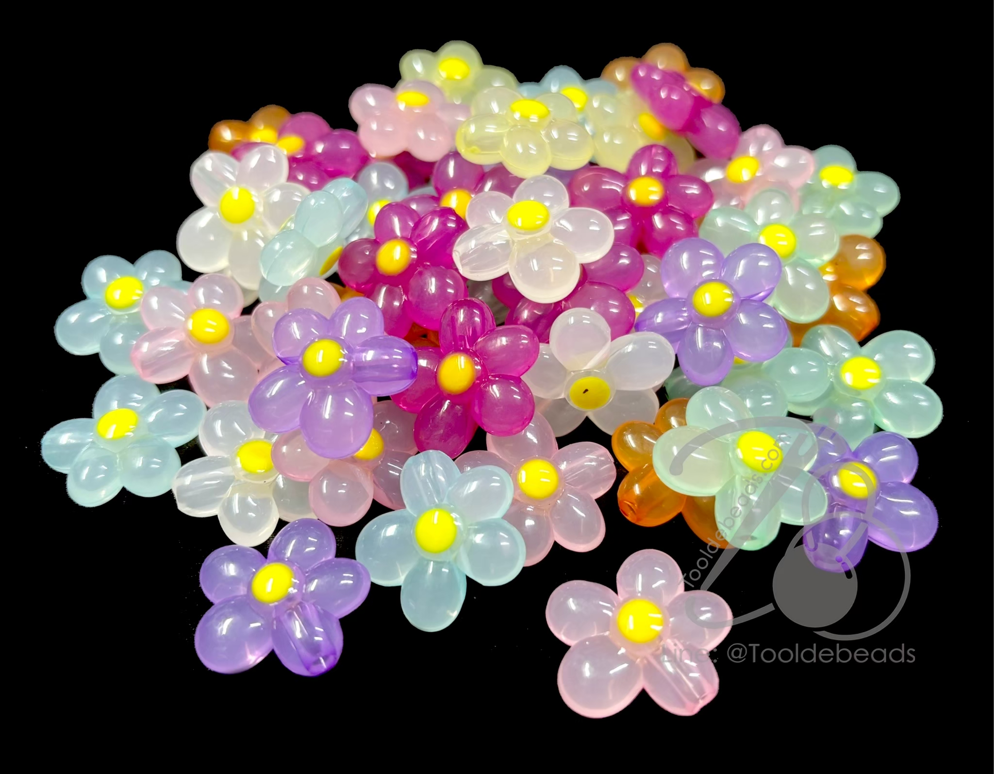 ลูกปัดอะคริลิค 20มม. ลายดอกเดซี่ คละสีเยลลี่หวาน (50 กรัม) SKU-18383