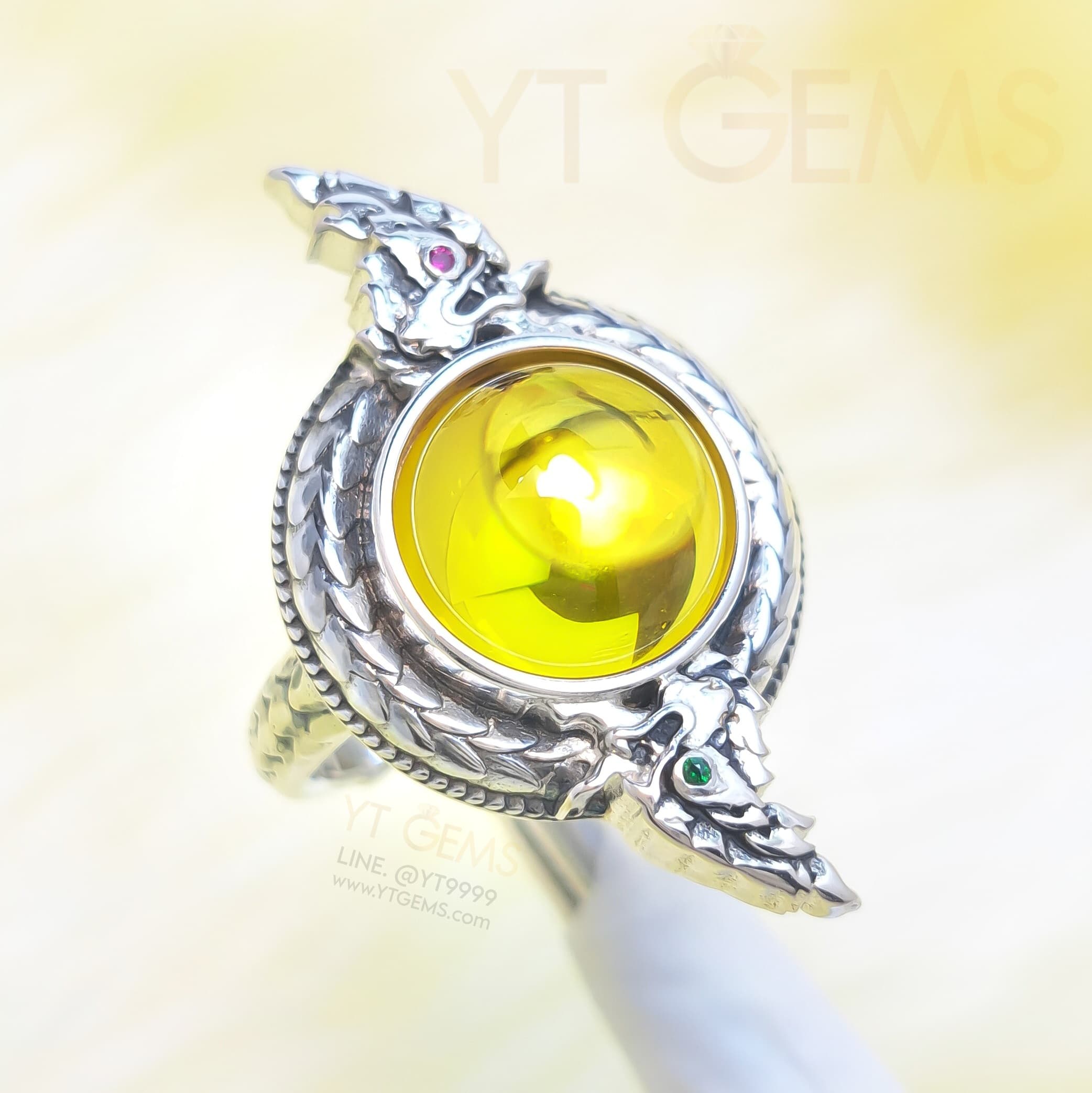แหวน บ่วงนาคบาศ มณีสีเหลือง CZ ตาทับทิม-มรกต แหวน เงินแท้ รมดำ YTG-5851 YTGEMS whole