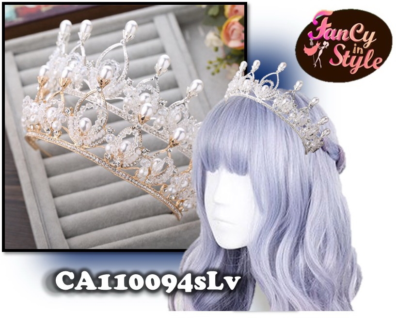 COSTUME ACCESSORIES/Headpiece/Crown/มงกุฎตกแต่งคริสตัลเพชร มุก และลูกปัดแวววาวก้านสีเงิน