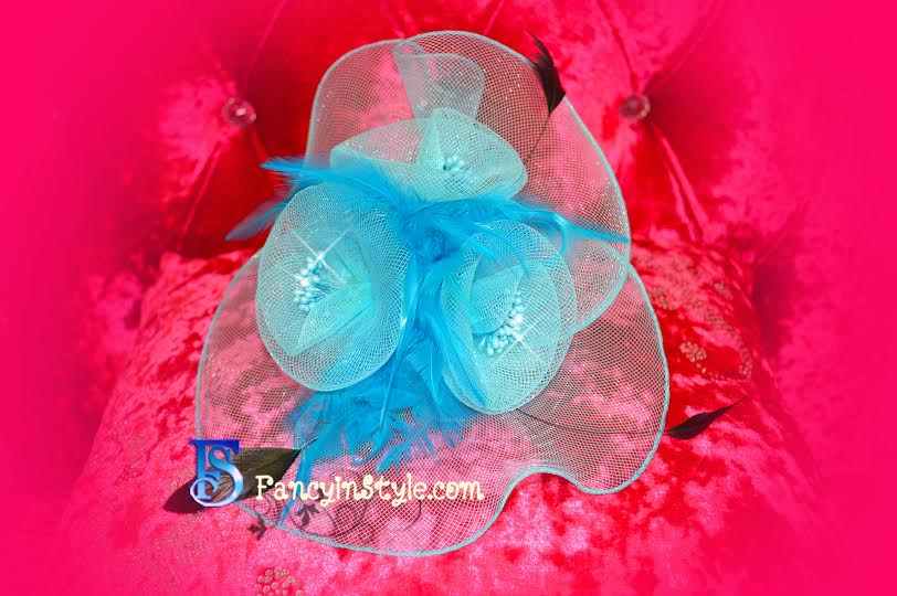 Headpiece ที่ติดผมดอกไม้ 3 ดอกแต่งตาข่ายและขนนกสีฟ้า