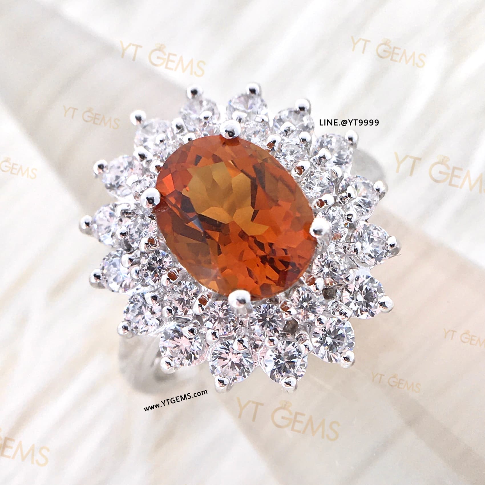 แหวนซิทรินสีส้ม ล้อมเพชร แหวนเงินแท้ ชุบทองคำขาว พลอยซิทรินแท้ YTG-11541 YTGEMS
