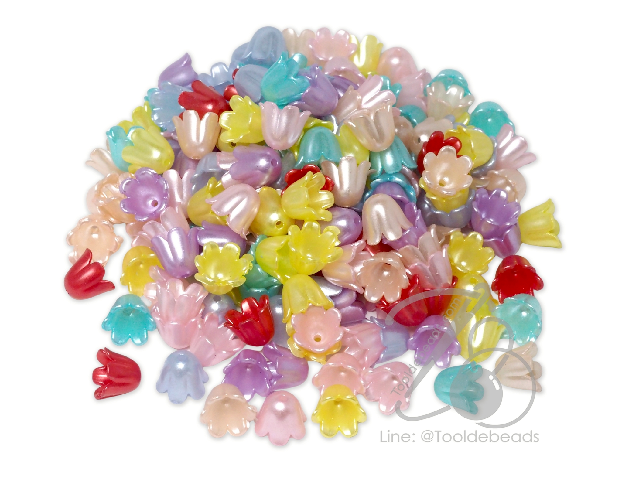 ลูกปัดมุกพลาสติก 11*9มม. ตัวครอบดอกไม้ คละสี (10 กรัม) SKU-18186