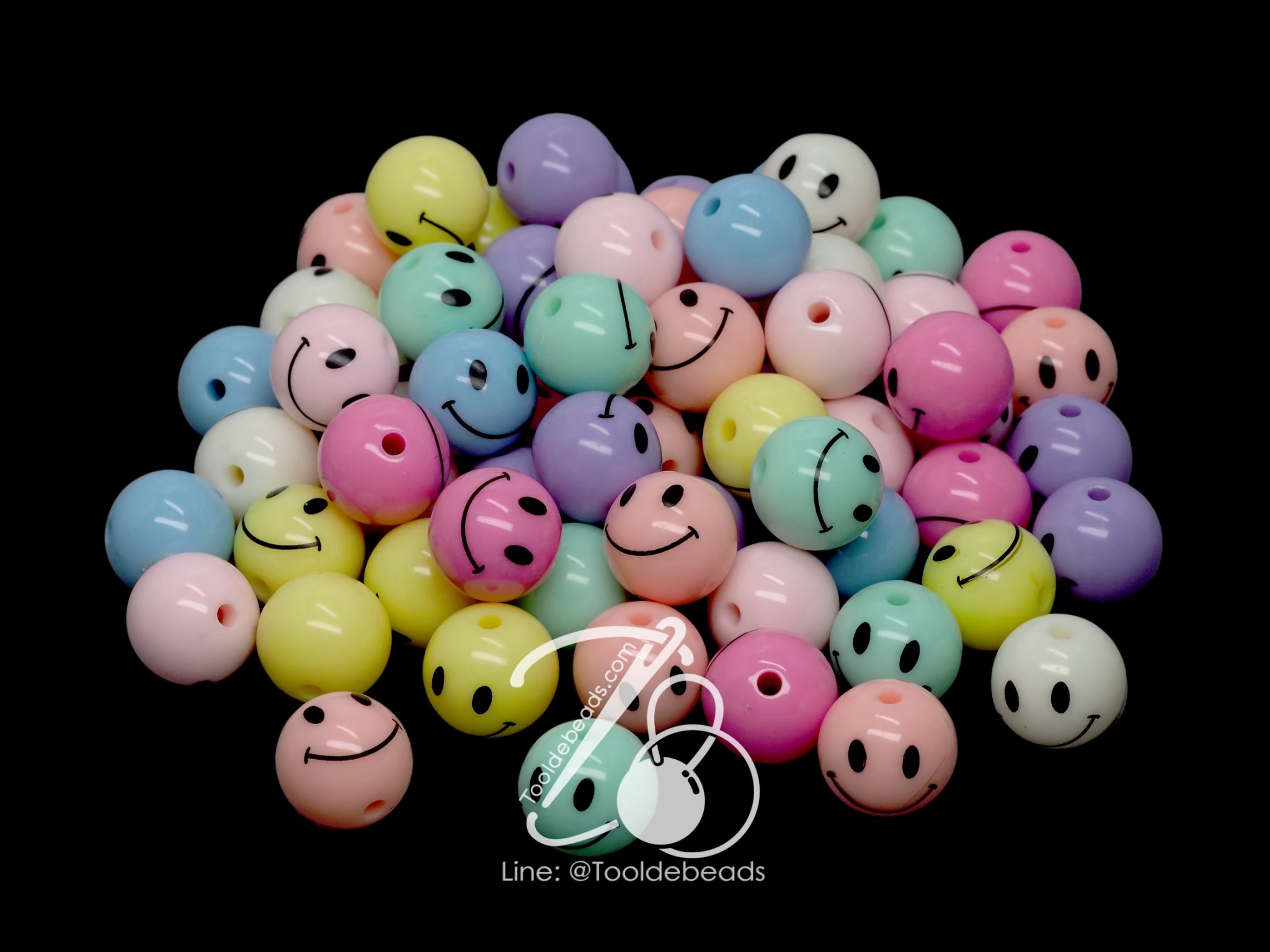 ลูกปัดอะคริลิค 14มม. ลายหน้ายิ้มกลม คละสีหวาน (50 กรัม) SKU-12727