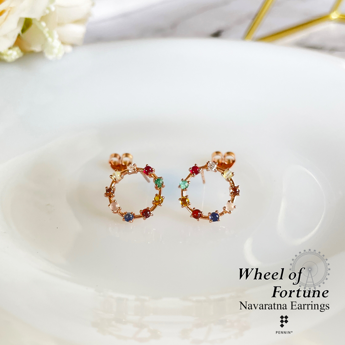 [SALE20%]ต่างหูนพเก้า Wheel of Fortune พลอยนพเก้าตามตำราไทยแท้ เงินแท้ 925 ชุบโรสโกลด์ (Rose Gold)