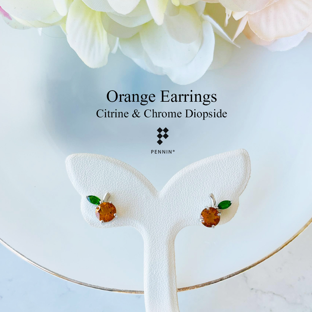 ต่างหูส้ม ซิทริน (Citrine) แซมใบ พลอยกรีนโครมไดออฟไซด์ (Chrome Diopside) สวยน่ารัก เงินแท้ 925 ชุบทองคำขาว