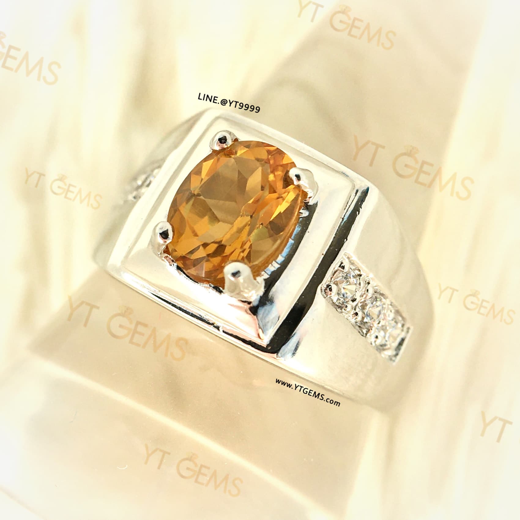 แหวนซิทรินสีส้ม ข้างเพชร แหวนเงินแท้ ชุบทองคำขาว พลอยซิทรินแท้ YTG-11593 YTGEMS
