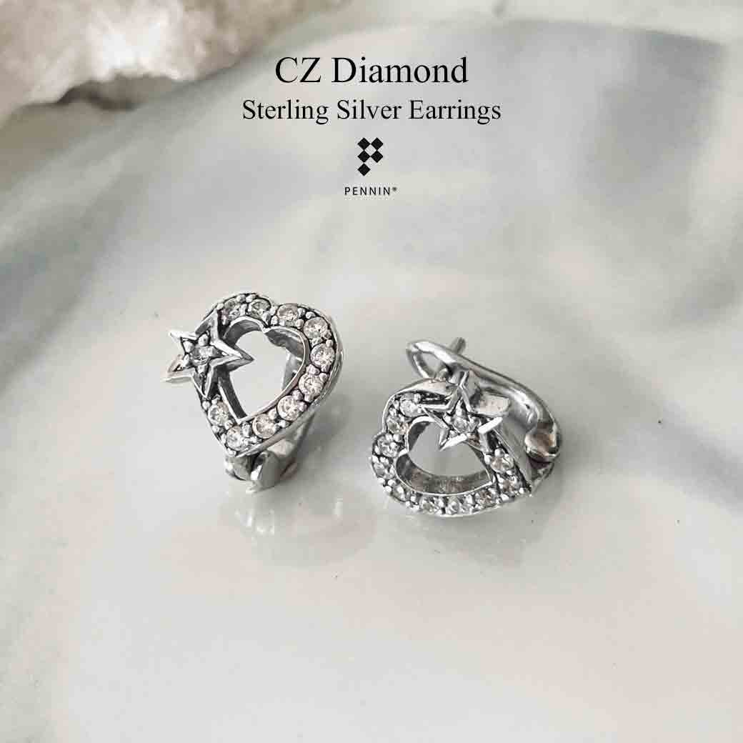 ต่างหูเพชรสวิส CZ แบบคลิปรูปหัวใจซ้อนดาว เงินแท้ 92.5% ชุบทองขาว สวยน่ารัก