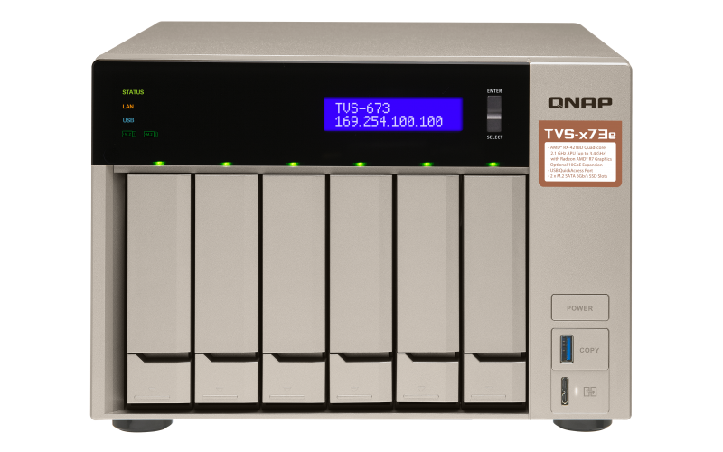 TVS-673e A powerful business NAS with an AMD RX-421BD quad-core APU, up to 64GB DDR4 RAM, and supports dual PCIe slots, USB QuickAccess and HDMI 4K output.