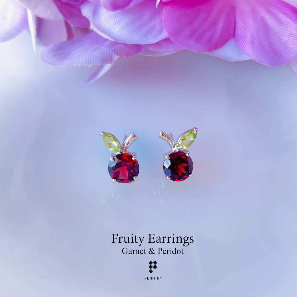 Fruity Earrings: ต่างหูโกเมน (Garnet) แซมเพอริดอท (Peridot) สวยน่ารัก เงินแท้ 925 ชุบทองคำขาว
