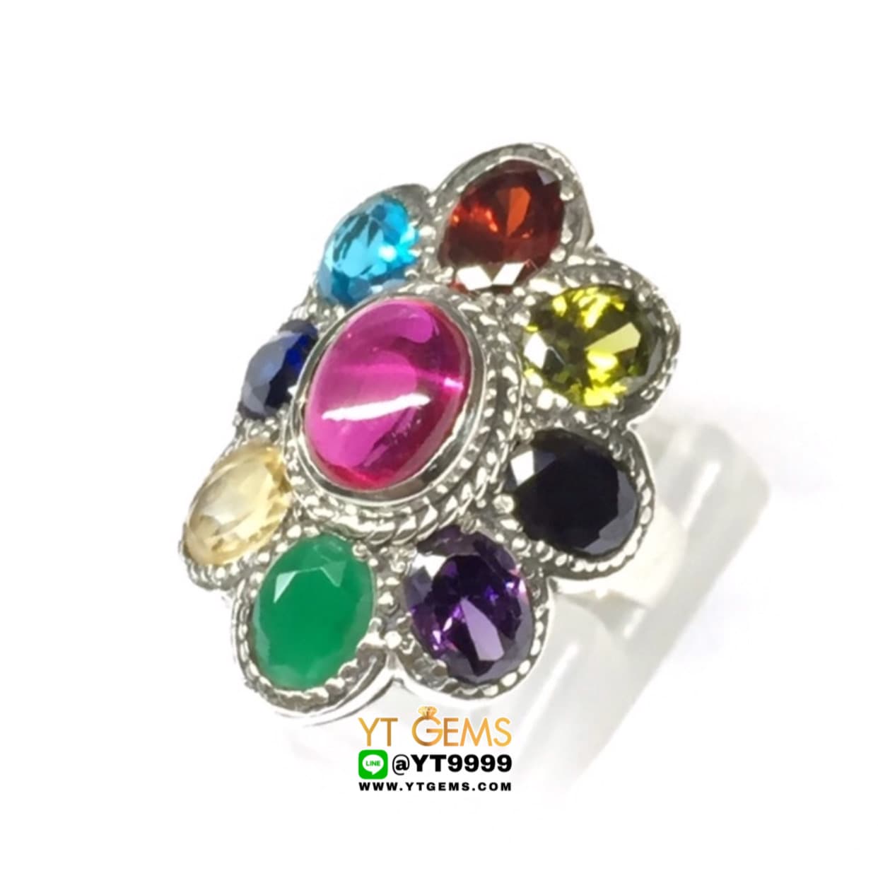 แหวนนพเก้า พลอยหลากสี แหวนเงินแท้ รมดำ พลอยหลากสี (CZ) YTG-4627 YTGEMS