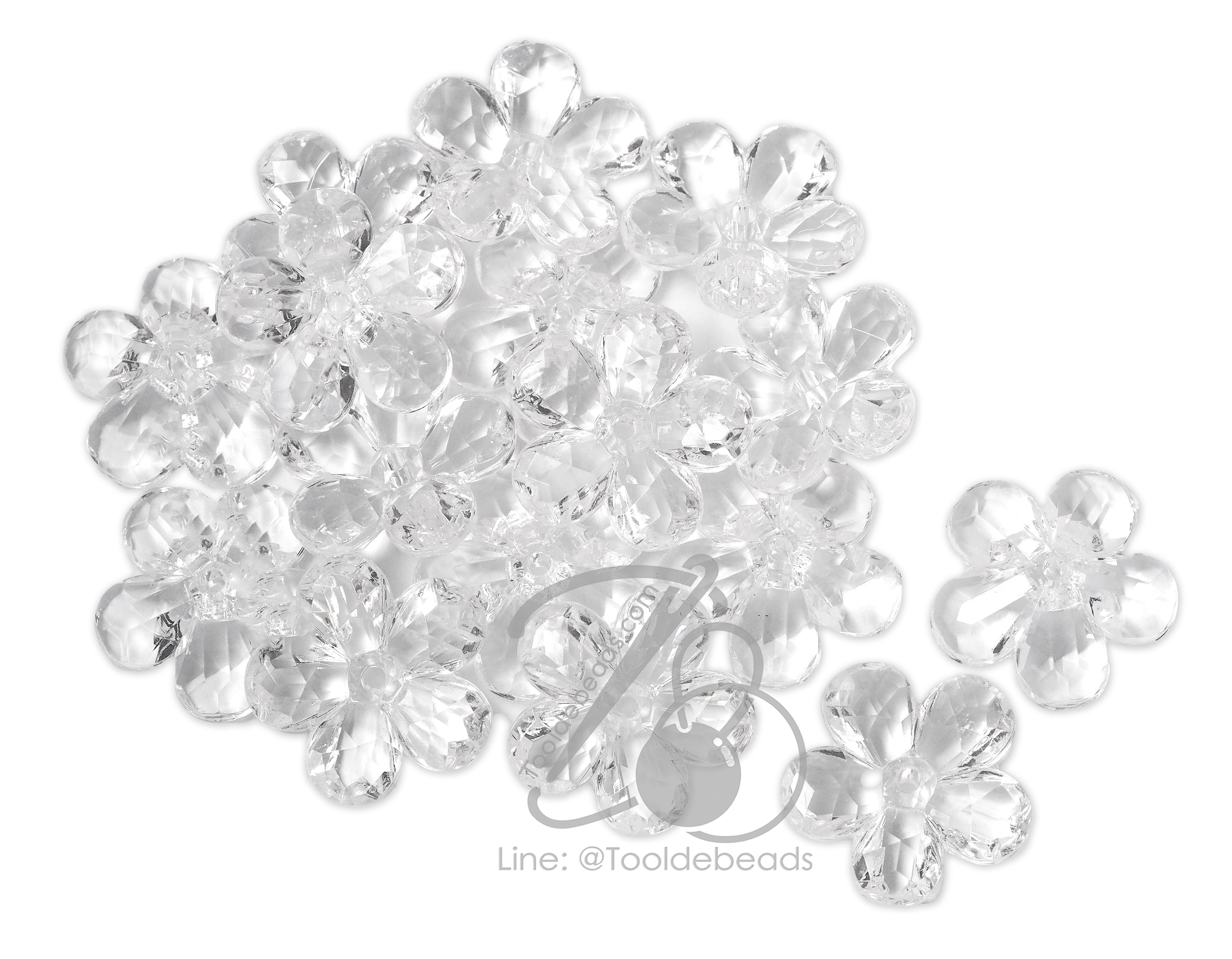 ลูกปัดอะคริลิค 27มม. ลายดอกจำปา รูกลาง สีใส (500 กรัม) SKU-17829