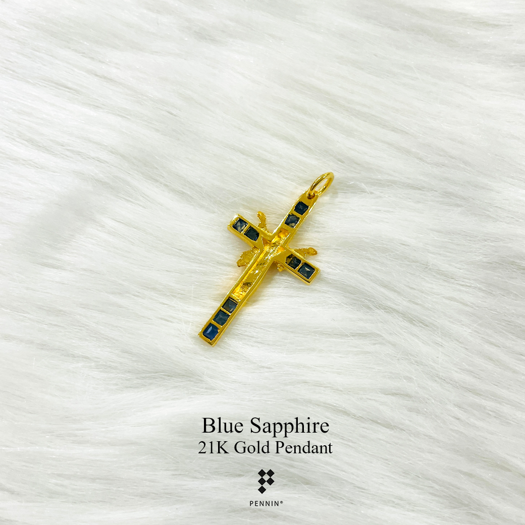 จี้กางเขนทองคำแท้ พระเยซูเสด็จขึ้นสวรรค์ ทอง 90 ไพลินแท้ งานขึ้นมือช่างทองจันทบุรี