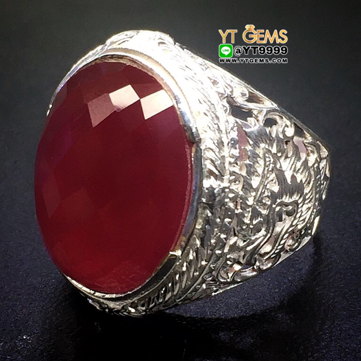 แหวนทับทิม แหวนครุฑ แหวนเงินแท้ 92.5% ข้างลาย พญาครุฑ ประดับ พลอยทับทิมชาตั้ม YTG-9963 YTGEMS