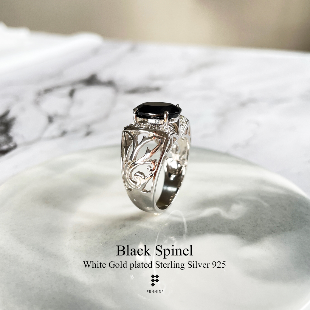 AXION: แหวนพลอยผู้ชาย นิลแท้ กาญจนบุรี ประดับเพชรสวิส CZ ก้านฉลุลายใบไม้ สวยสง่างาม