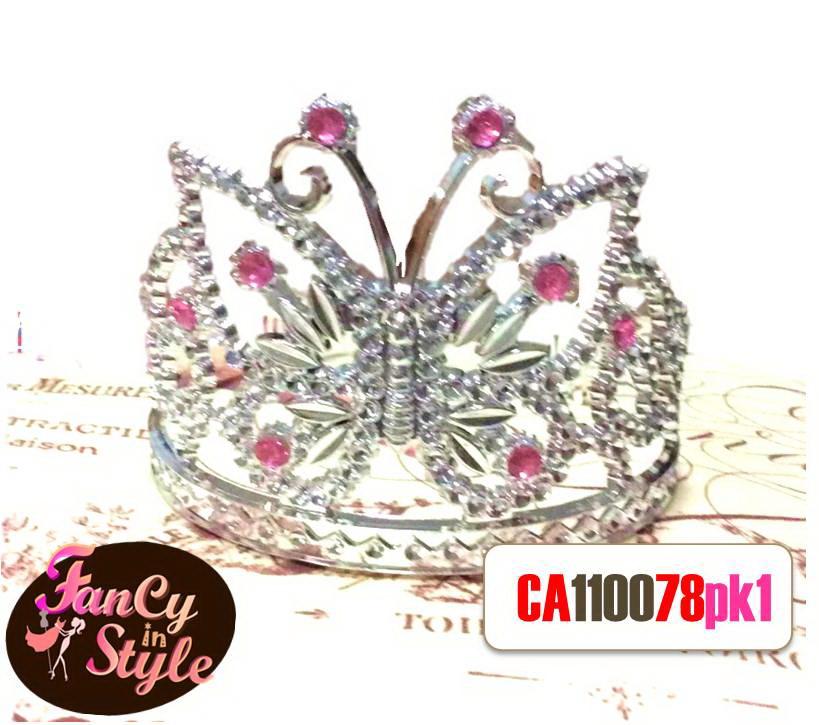 Crown/fancy crown/tiara มงกุฎแฟนซีลายผีเสื้อแต่งคริสตัลสีชมพูก้านสีเงิน