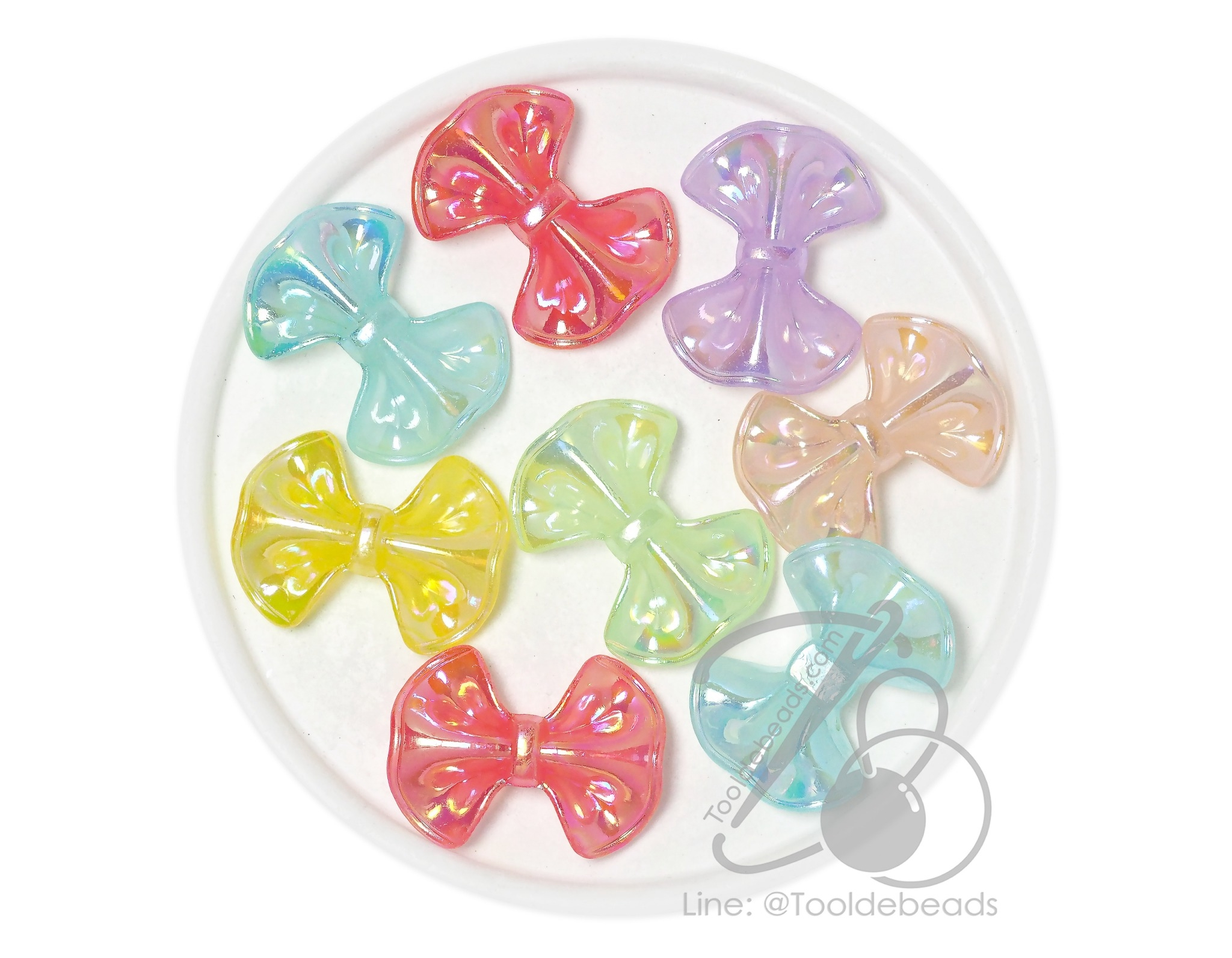 ลูกปัดพลาสติก เคลือบรุ้ง 30มม. ลายโบว์หยัก คละสีเยลลี่หวาน (80 กรัม) SKU-17525