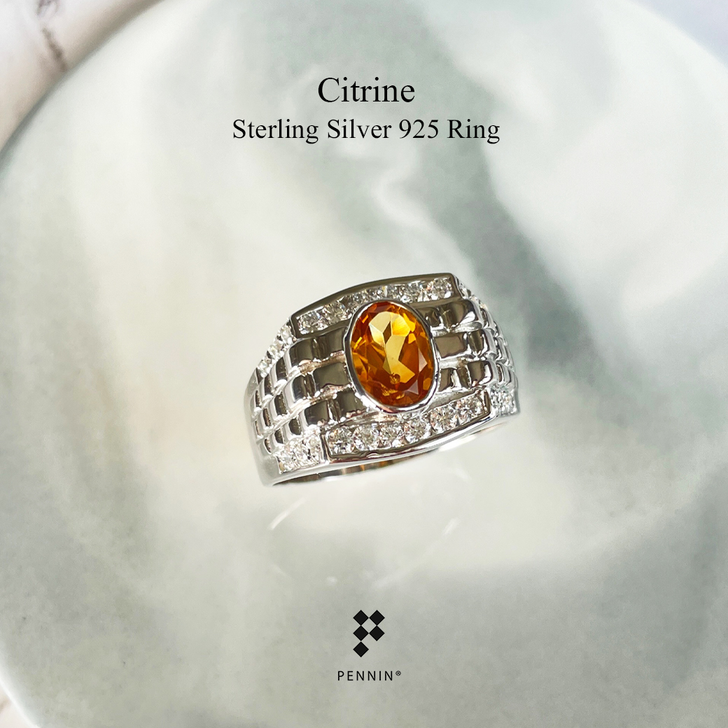 ARNO: แหวนพลอยผู้ชาย ซิทริน (Citrine) เงินแท้ 925 ชุบทองคำขาว แซมเพชรสวิส CZ เข้มแข็ง สง่างาม