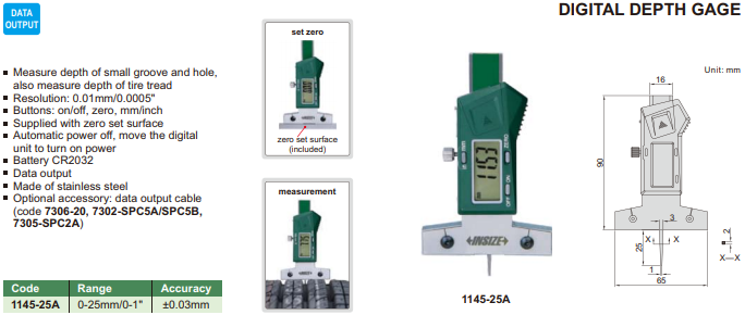 INSIZE เกจวัดลึกร่องยางดิจิตอล (MINI DIGITAL DEPTH GAGES) 0-25mm. รุ่น 1145-25A