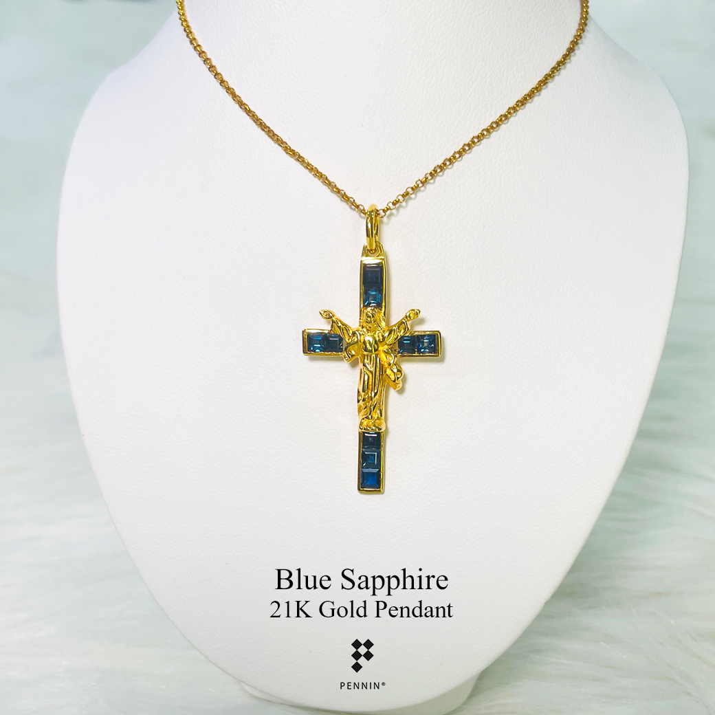 จี้กางเขนทองคำแท้ พระเยซูเสด็จขึ้นสวรรค์ ทอง 90 ไพลินแท้ งานขึ้นมือช่างทองจันทบุรี