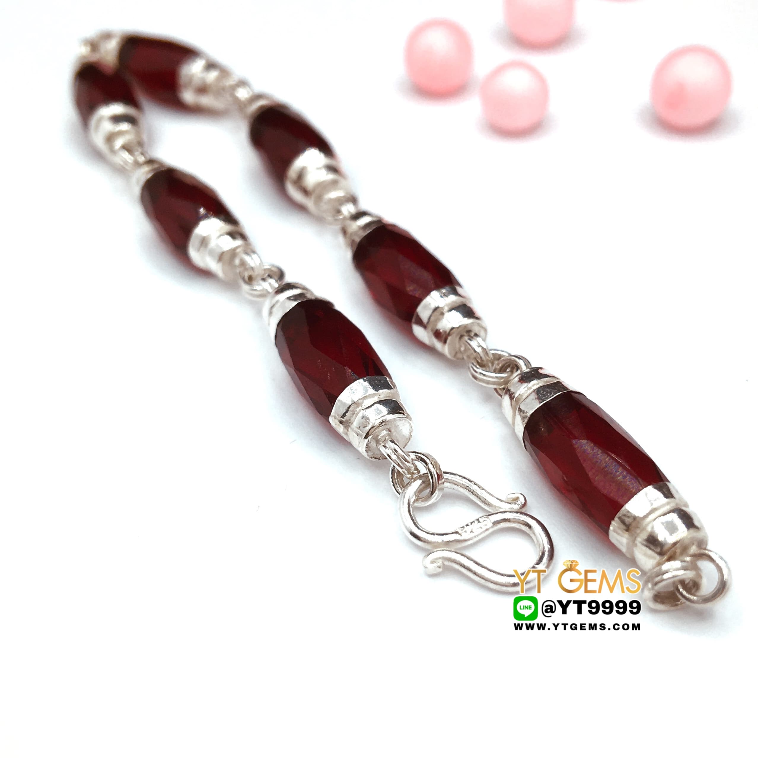 สร้อยข้อมือโกเมน สร้อยข้อมือเงินแท้ พลอยโกเมน (CZ) 6 มม. YTG-9057 YTGEMS